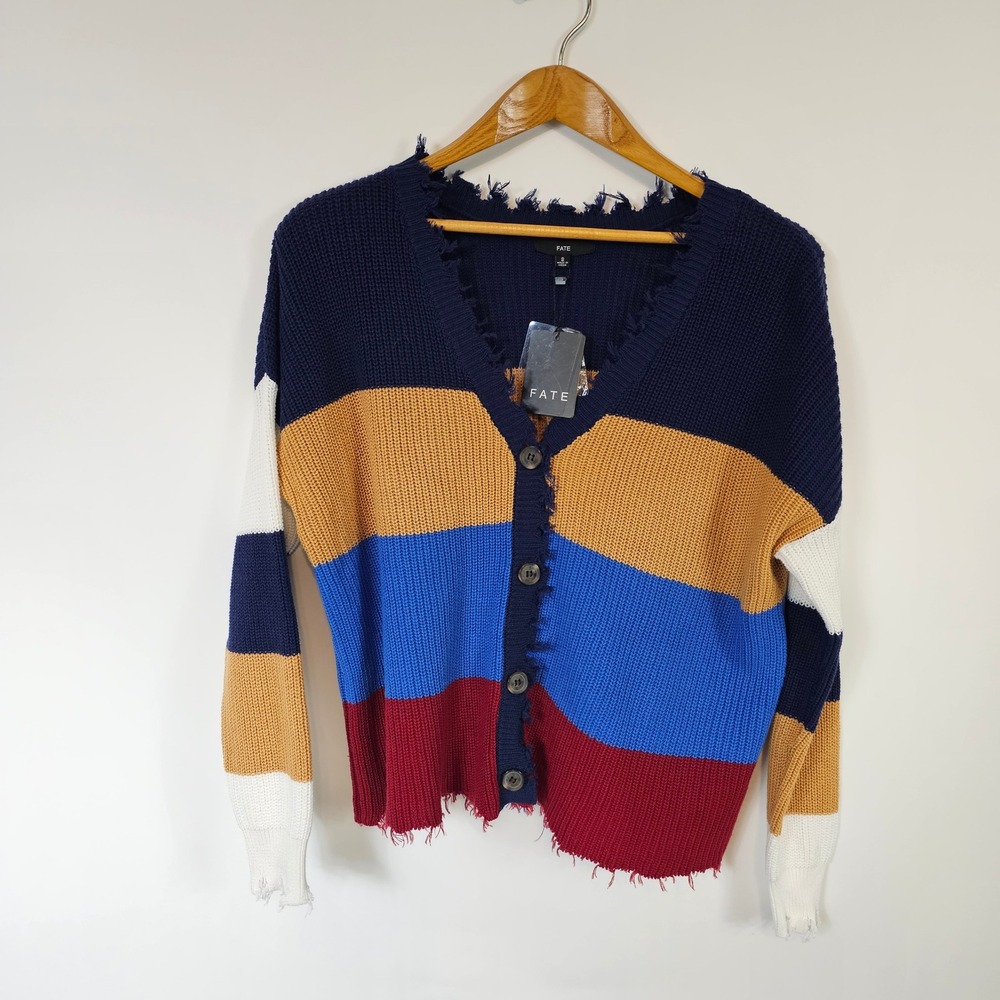 NEW FATE Knit Cardigan Sweater Distressed Stripe Button Front Oversized Small